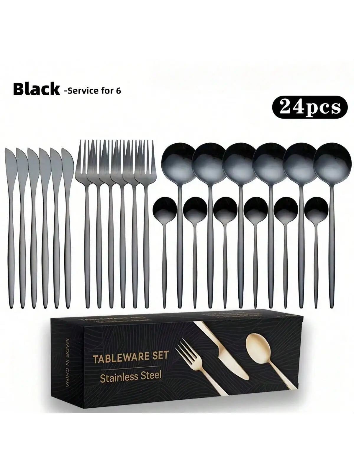 Gold/Black, Stainless Steel Knife, Fork And Spoon 24-Piece Cutlery Set, Including Fork Spoon Knife And Coffee Spoon, Dinner Fork