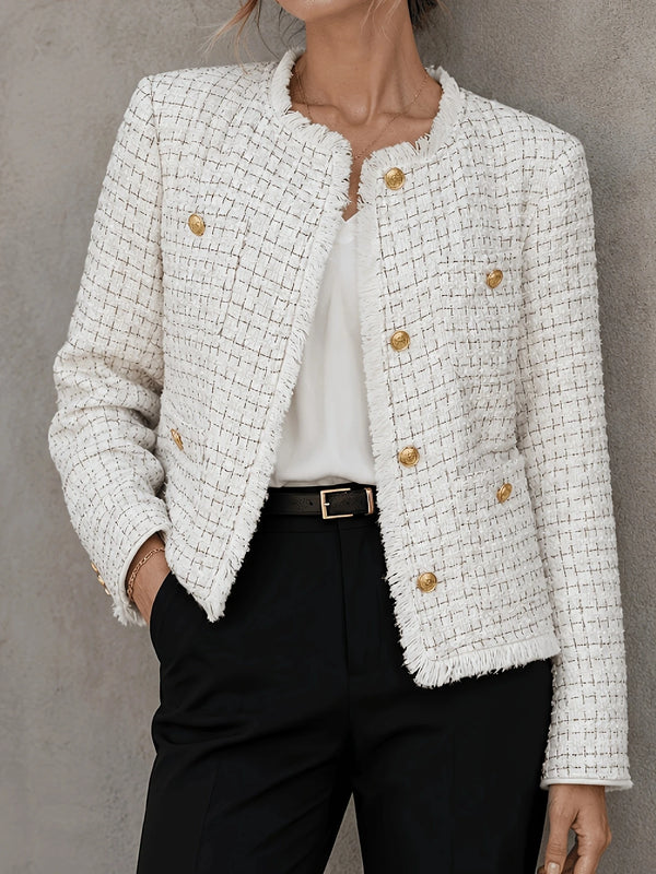 Fringed Plaid Tweed-Style Jacket