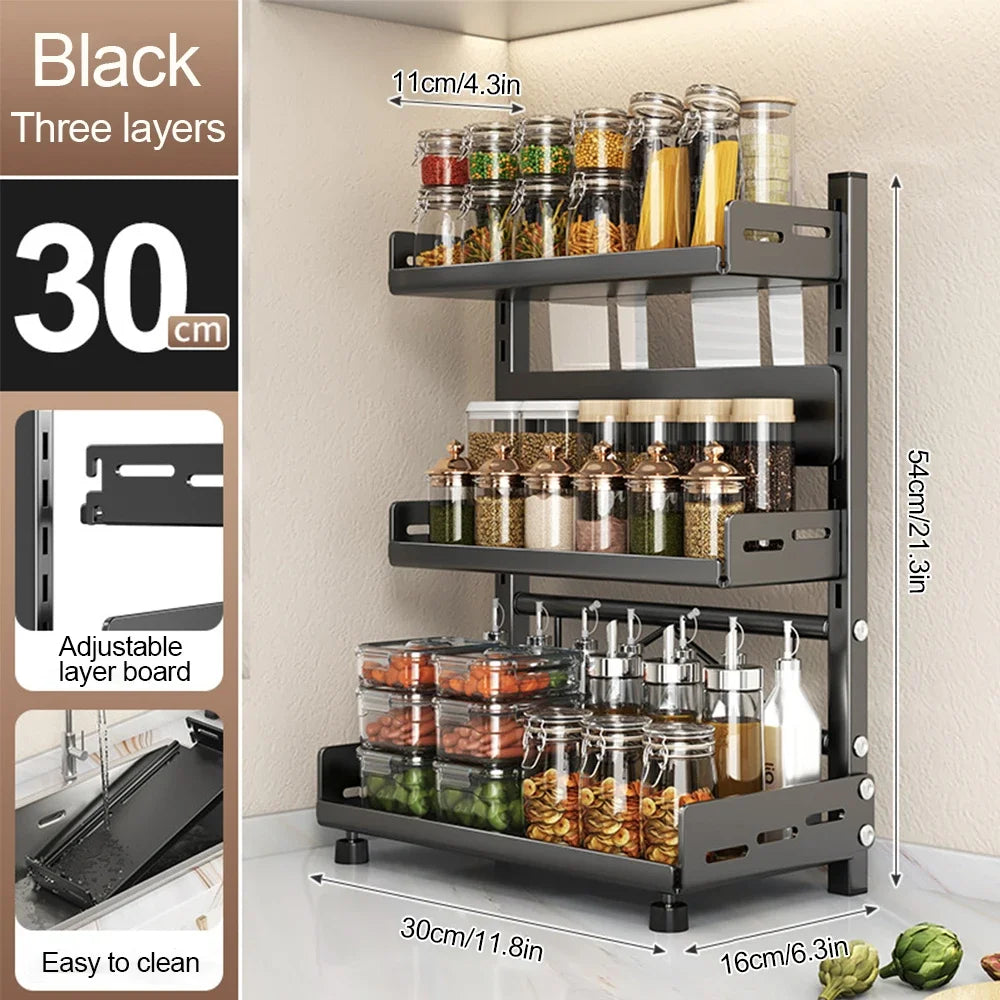 3 Tier Spice Storage Rack for Countertop Adjustable Spice Organization For Cabinet Kitchen Organizer Metal Shelf Black