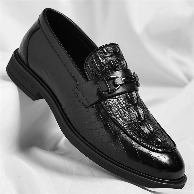 Mens Black Crocodile Embossed Leather Loafers With Metal Horsebit Buckle Thick Sole Formal Business Wedding Party Dress Shoes