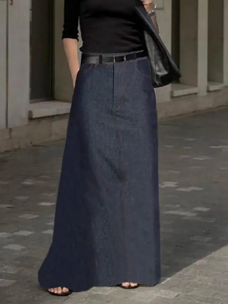 Denim-Look Pocket Maxi Skirt