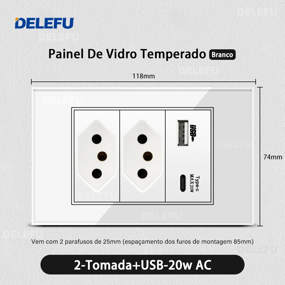 DELEFU 4*2 White Tempered Glass Brazil Standard Outlet with Double USB Type C Wall Power Socket Switch Tuya Wifi 10A 20A