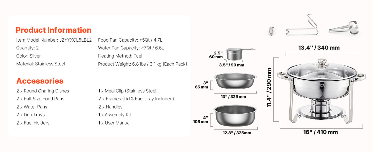 SucceBuy 5 Qt 2 Pack Round Chafing Dish Buffet Set Stainless Steel Chafer with 2 Full Size Pan, Round Catering Warmer Server