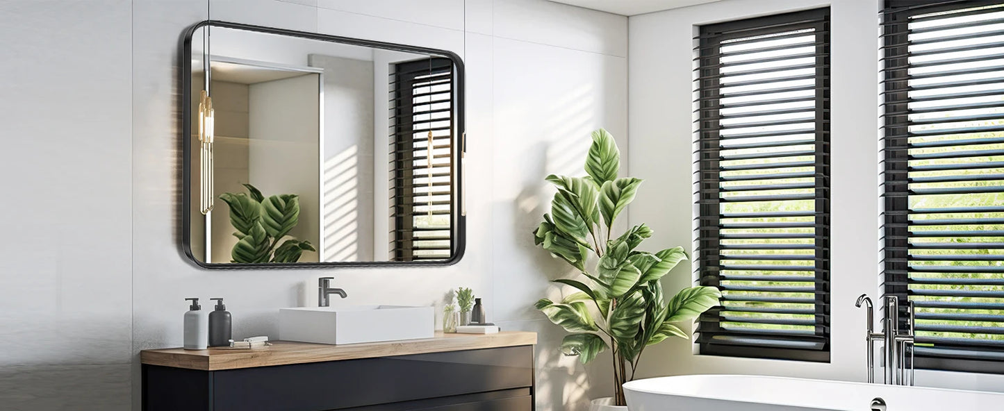 JHK Matte Metal Framed Bathroom Mirror for Wall,Vanity Rectangle Rounded Corner Tempered Glass Mirror,Clear Reflection,Modern