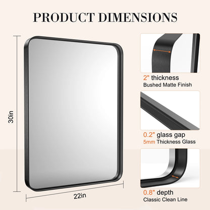 JHK Matte Metal Framed Bathroom Mirror for Wall,Vanity Rectangle Rounded Corner Tempered Glass Mirror,Clear Reflection,Modern