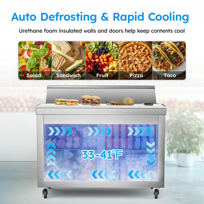 48" Refrigerated Prep Table 20 Cu.Ft Commercial Sandwich Refrigerator Stainless Steel Pizza Salad & Sandwich Workstation 12 Pans