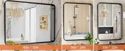 JHK Matte Metal Framed Bathroom Mirror for Wall,Vanity Rectangle Rounded Corner Tempered Glass Mirror,Clear Reflection,Modern