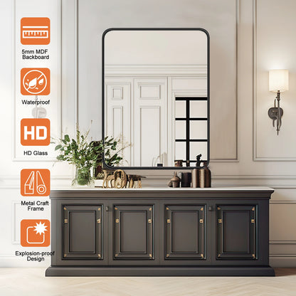 JHK Matte Metal Framed Bathroom Mirror for Wall,Vanity Rectangle Rounded Corner Tempered Glass Mirror,Clear Reflection,Modern
