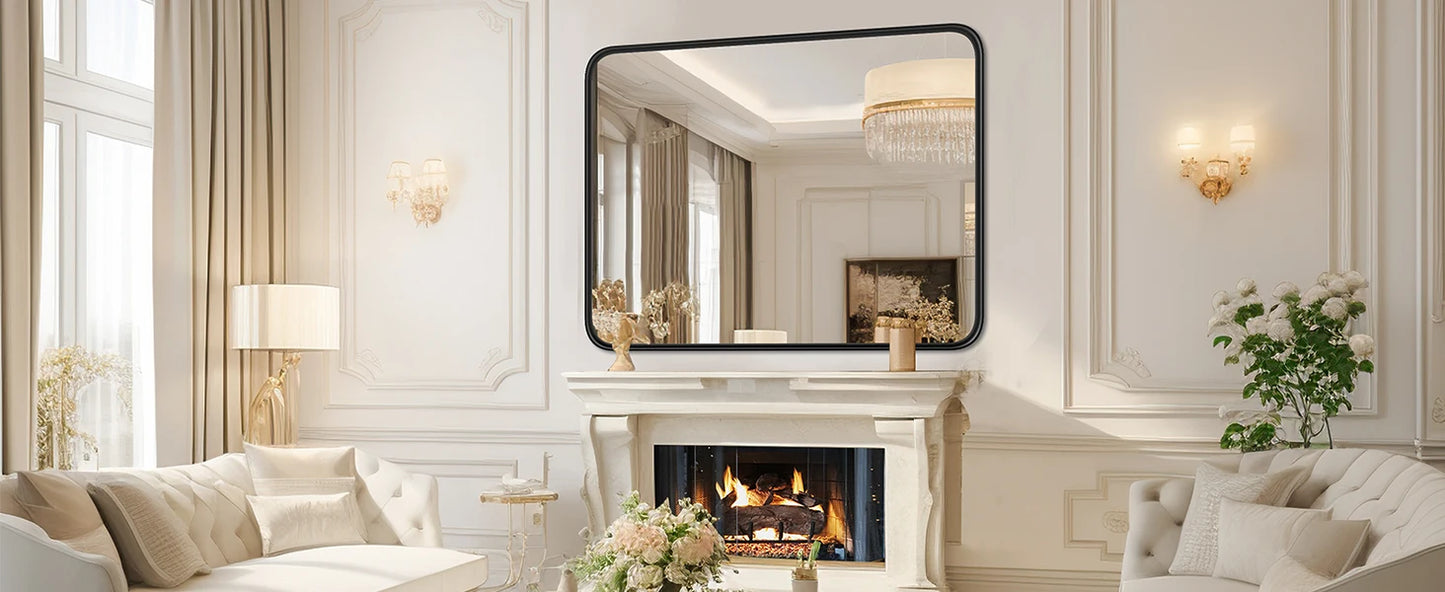 JHK Matte Metal Framed Bathroom Mirror for Wall,Vanity Rectangle Rounded Corner Tempered Glass Mirror,Clear Reflection,Modern