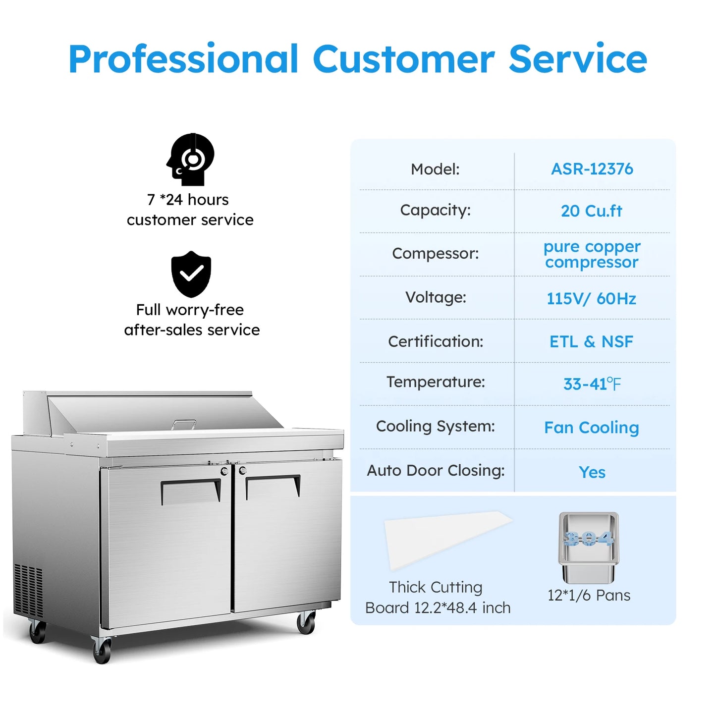 48" Refrigerated Prep Table 20 Cu.Ft Commercial Sandwich Refrigerator Stainless Steel Pizza Salad & Sandwich Workstation 12 Pans