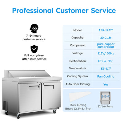48" Refrigerated Prep Table 20 Cu.Ft Commercial Sandwich Refrigerator Stainless Steel Pizza Salad & Sandwich Workstation 12 Pans