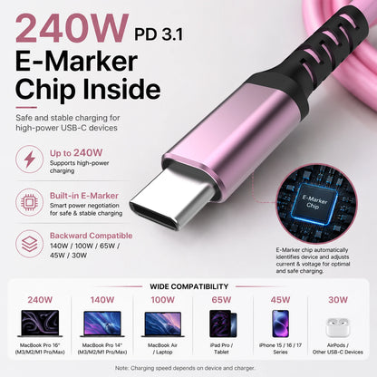 USB-C to USB-C Cable 240W PD 3.1 Fast Charging, Pink TPE Cord for MacBook, iPhone 15/16/17, iPad Pro, Galaxy S24
