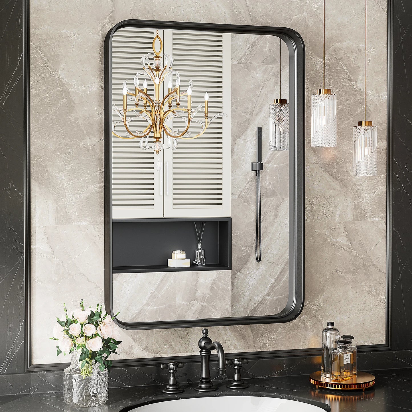 JHK Matte Metal Framed Bathroom Mirror for Wall,Vanity Rectangle Rounded Corner Tempered Glass Mirror,Clear Reflection,Modern