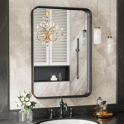 JHK Matte Metal Framed Bathroom Mirror for Wall,Vanity Rectangle Rounded Corner Tempered Glass Mirror,Clear Reflection,Modern