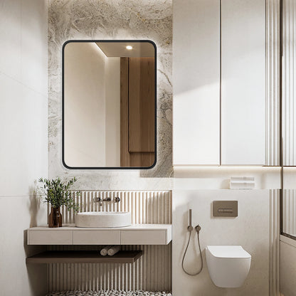 JHK Matte Metal Framed Bathroom Mirror for Wall,Vanity Rectangle Rounded Corner Tempered Glass Mirror,Clear Reflection,Modern