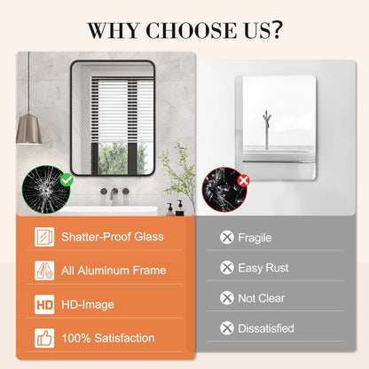 JHK Matte Metal Framed Bathroom Mirror for Wall,Vanity Rectangle Rounded Corner Tempered Glass Mirror,Clear Reflection,Modern
