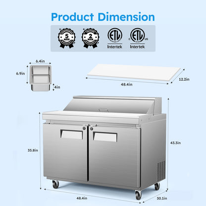 48" Refrigerated Prep Table 20 Cu.Ft Commercial Sandwich Refrigerator Stainless Steel Pizza Salad & Sandwich Workstation 12 Pans