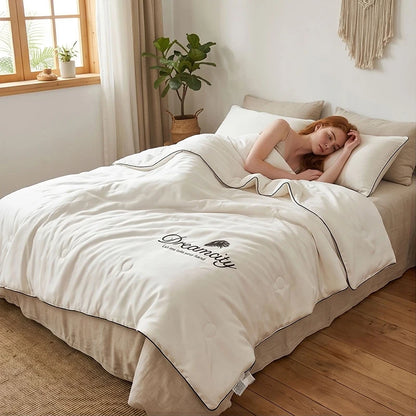 Ultra Soft Cooling Ice Silk Summer Quilt Blanket, Queen King Size Embroidered Breathable Nap Comforter, Lightweight Skin Friendly Air Conditioner Quilt