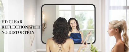 JHK Matte Metal Framed Bathroom Mirror for Wall,Vanity Rectangle Rounded Corner Tempered Glass Mirror,Clear Reflection,Modern