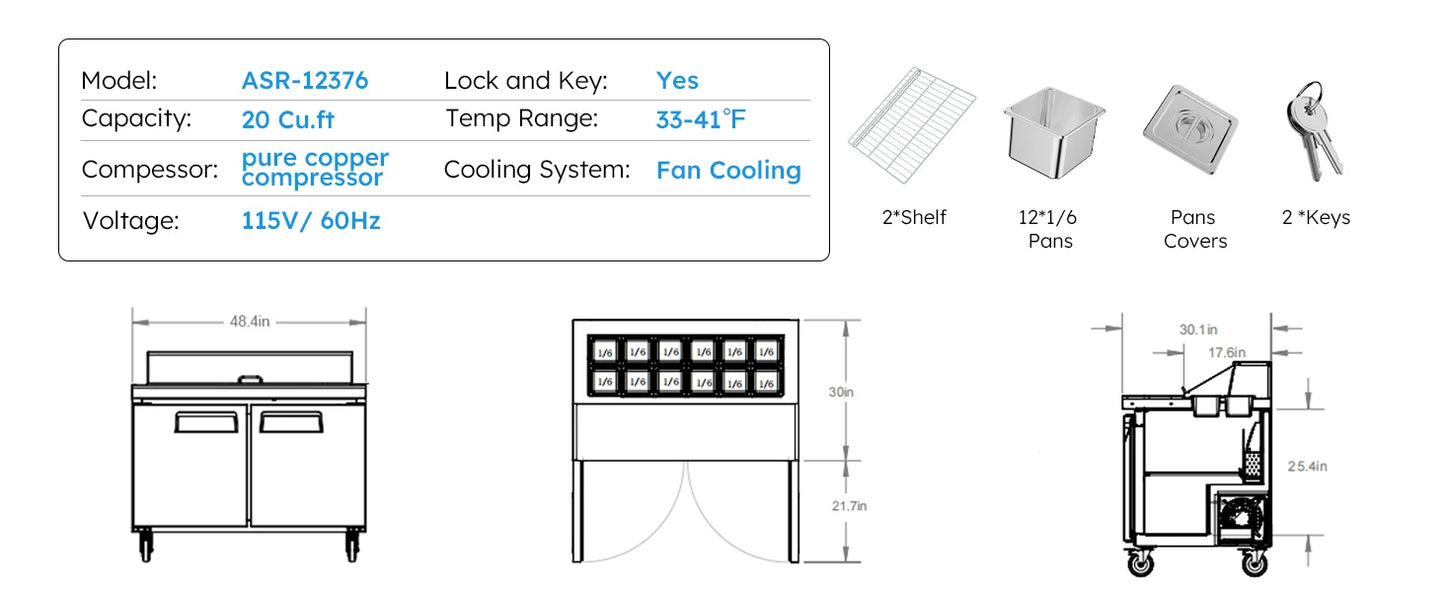 48" Refrigerated Prep Table 20 Cu.Ft Commercial Sandwich Refrigerator Stainless Steel Pizza Salad & Sandwich Workstation 12 Pans