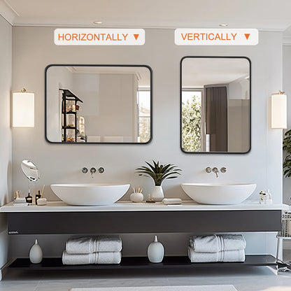 JHK Matte Metal Framed Bathroom Mirror for Wall,Vanity Rectangle Rounded Corner Tempered Glass Mirror,Clear Reflection,Modern