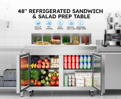 48" Refrigerated Prep Table 20 Cu.Ft Commercial Sandwich Refrigerator Stainless Steel Pizza Salad & Sandwich Workstation 12 Pans