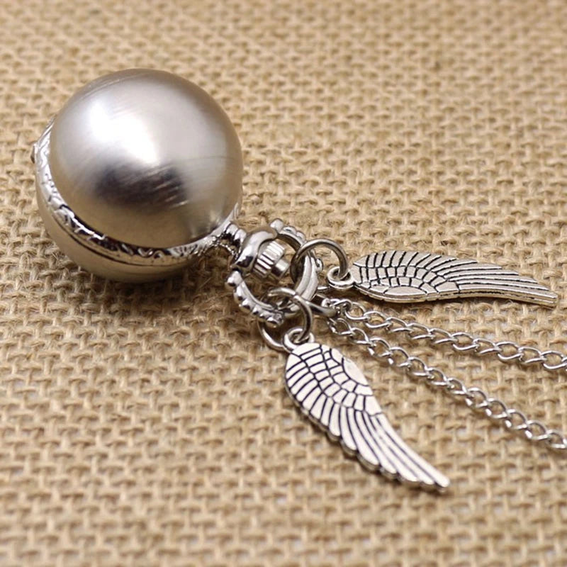 Antique Retro Ball Shaped Quartz Pocket Watch Fashion Sweater Angel Wings Necklace Chain Souvenir Gift for Men Women kids