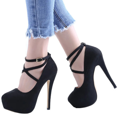 2026 New Women Pumps 14cm Super High heels ankle Strap Patent Leather Platform Sexy  Party Dress Red Wedding Shoes