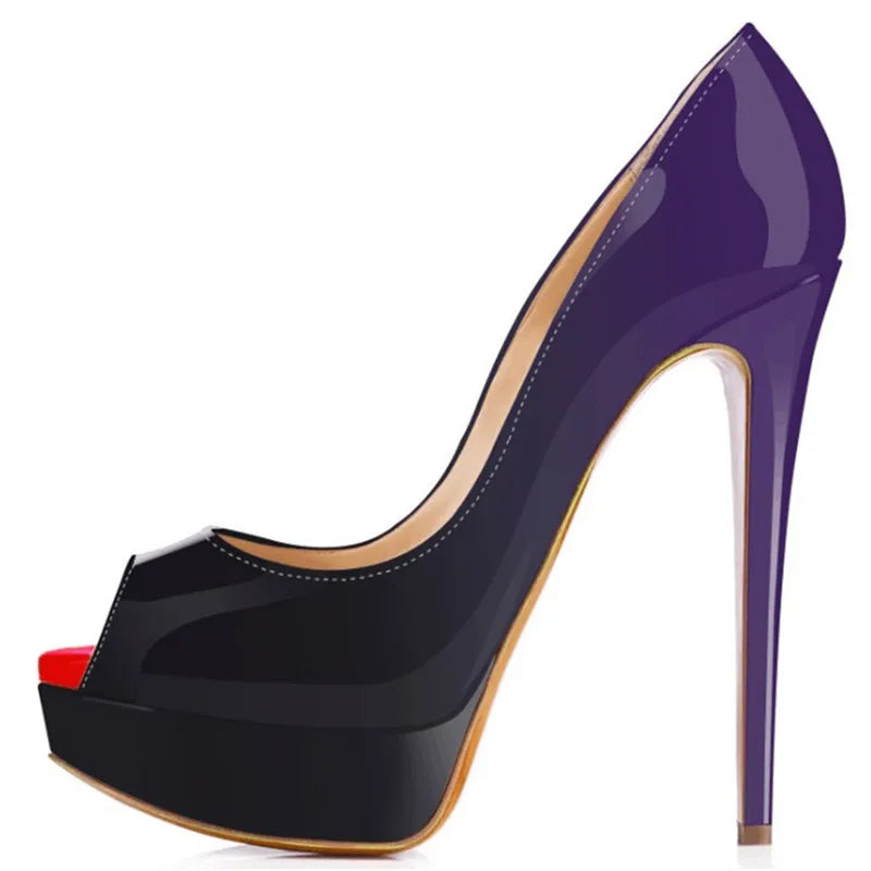 Women Pumps Sexy Platform Peep Toe 14cm Extremely Thin High Heels Stiletto Patent Leather Fashion Party Nighclub Wedding Shoes