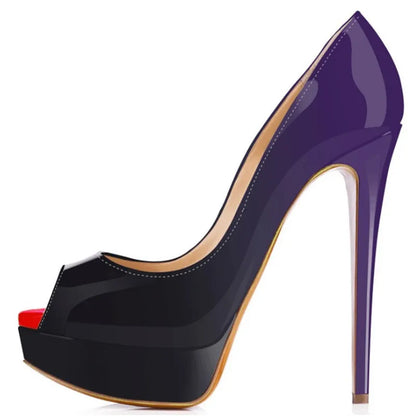 Women Pumps Sexy Platform Peep Toe 14cm Extremely Thin High Heels Stiletto Patent Leather Fashion Party Nighclub Wedding Shoes