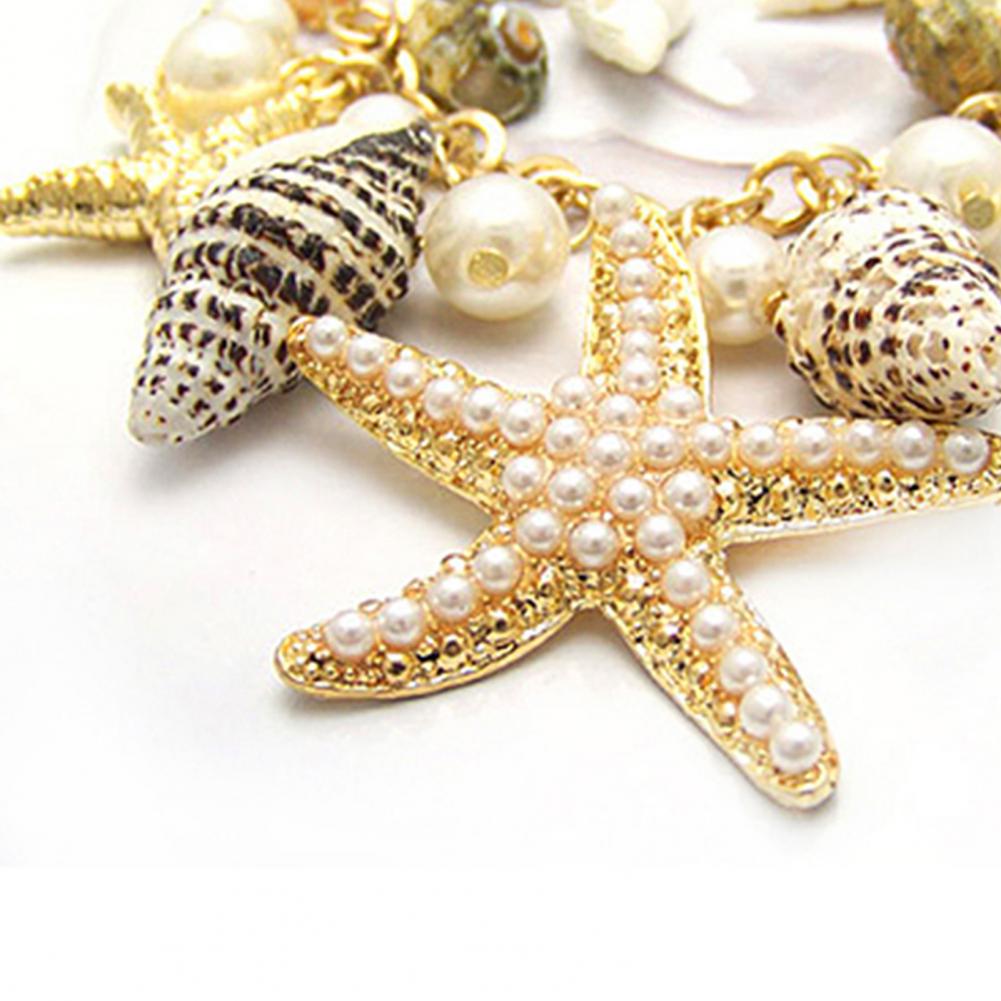 Women Beach Bracelet Cute Adjustable Gold Plated Ocean Faux Pearl Shell Starfish Link Chain Beach Bracelet
