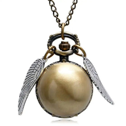 Antique Retro Ball Shaped Quartz Pocket Watch Fashion Sweater Angel Wings Necklace Chain Souvenir Gift for Men Women kids