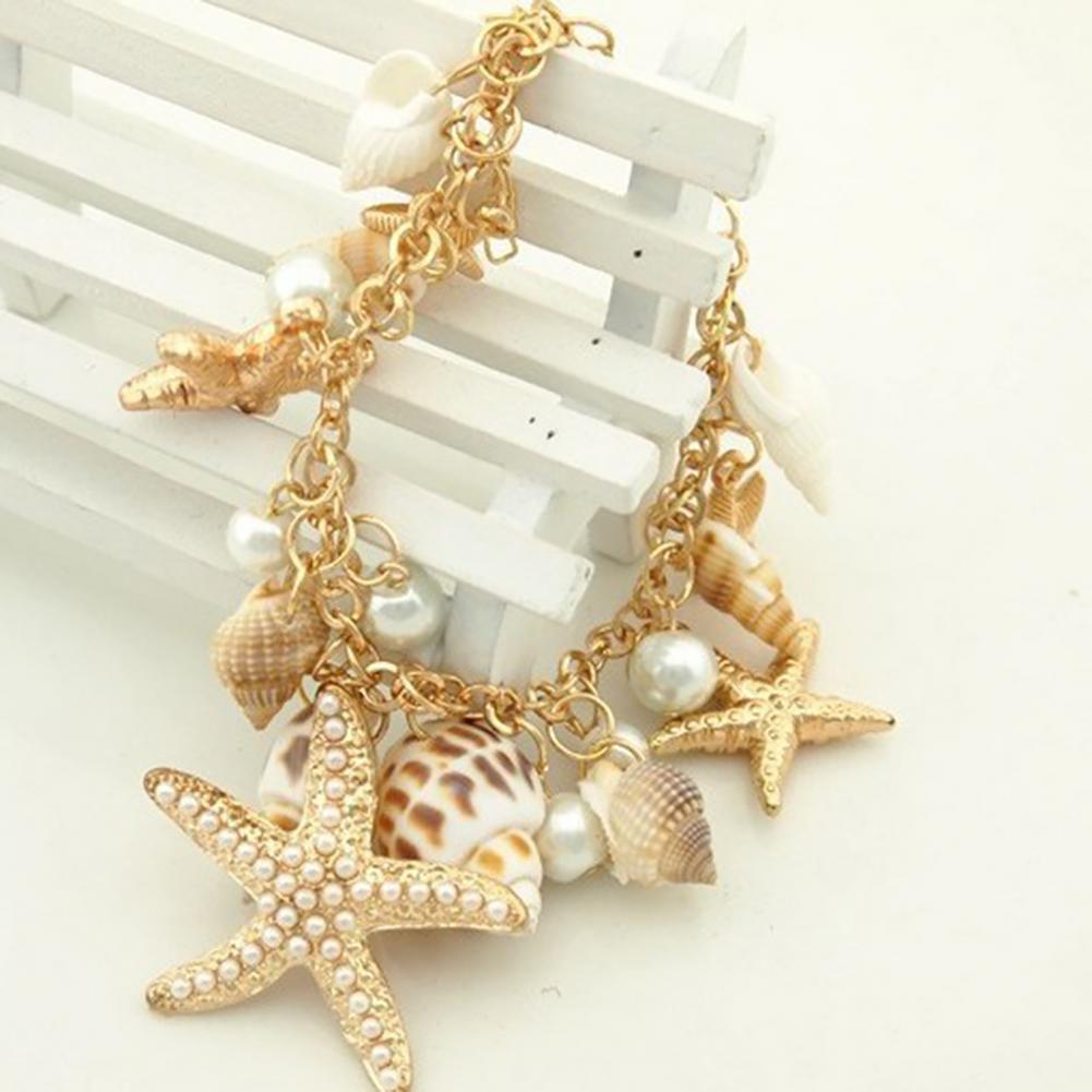 Women Beach Bracelet Cute Adjustable Gold Plated Ocean Faux Pearl Shell Starfish Link Chain Beach Bracelet