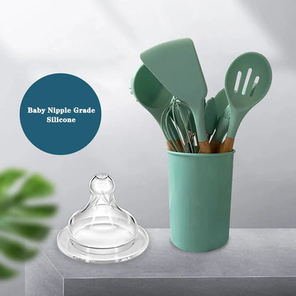 Silicone Kitchenware Cooking Utensils Set Non-stick Cookware Spatula Shovel Egg Beaters Wooden Handle Kitchen Cooking Tool Set