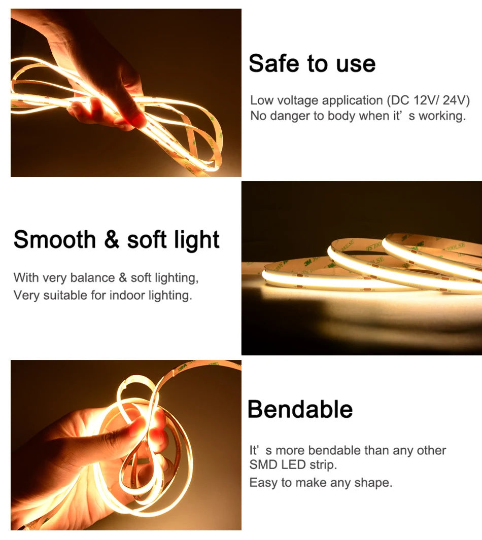 UL Listed COB LED Strip Light 320 480 LEDs/m 16.4ft High Density Flexible Tape Ribbon 3000-6500K RA90 Led Lights DC12V 24V