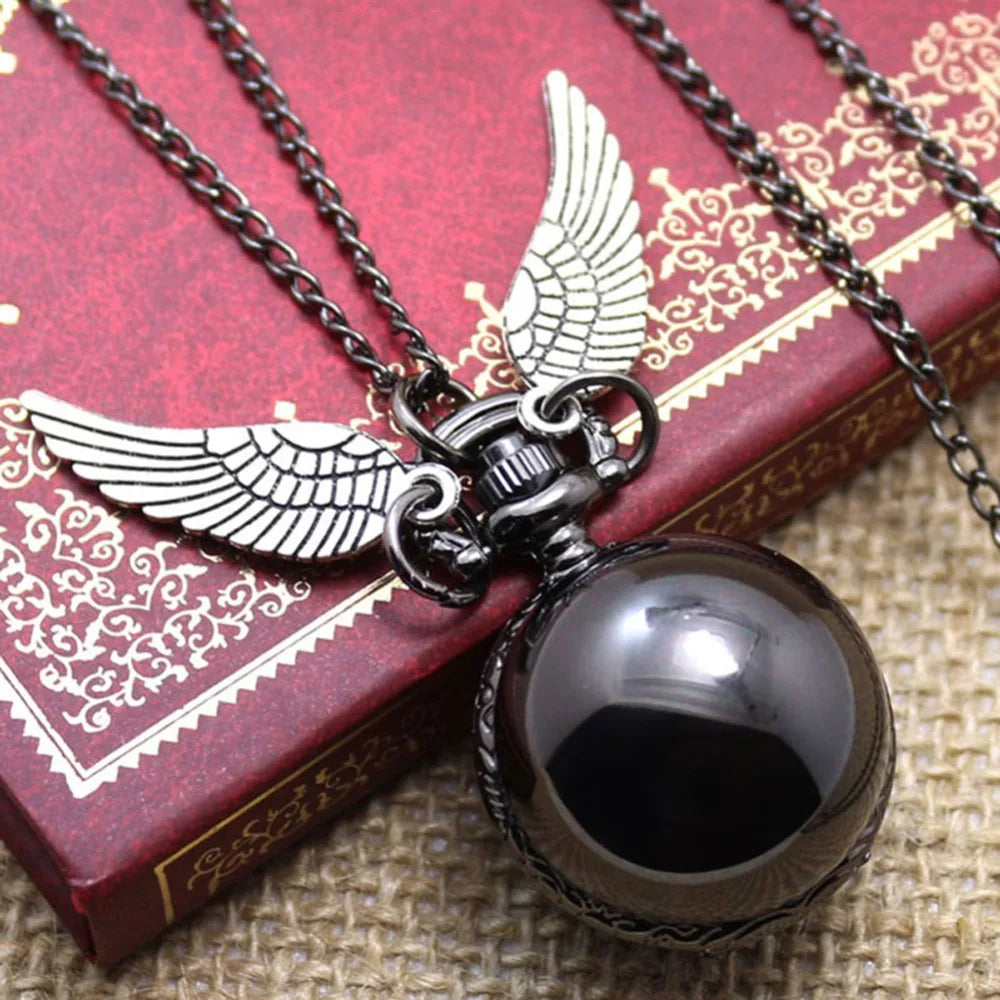Antique Retro Ball Shaped Quartz Pocket Watch Fashion Sweater Angel Wings Necklace Chain Souvenir Gift for Men Women kids