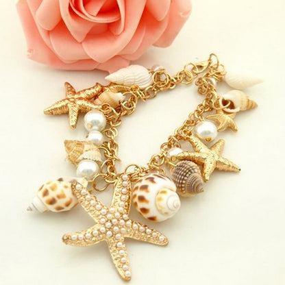 Women Beach Bracelet Cute Adjustable Gold Plated Ocean Faux Pearl Shell Starfish Link Chain Beach Bracelet