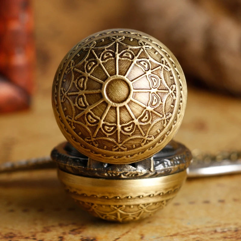 Antique Retro Ball Shaped Quartz Pocket Watch Fashion Sweater Angel Wings Necklace Chain Souvenir Gift for Men Women kids