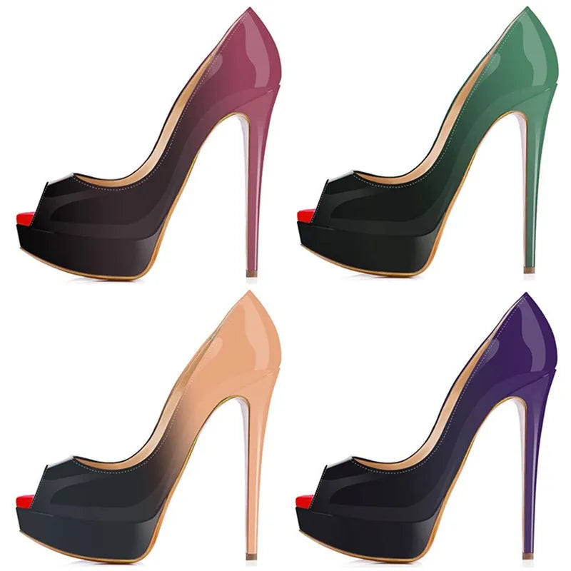 Women Pumps Sexy Platform Peep Toe 14cm Extremely High Heels Woman  Patent Leather Nighclub Red Wedding Shoes Gradient Stiletto