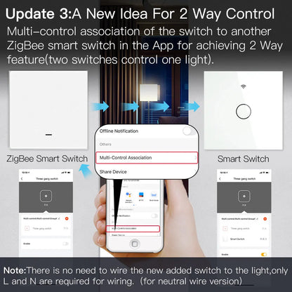 MOES Smart Light Switch Tuya ZigBee No Neutral Wire No Capacitor Needed Smart Life 2/3 Way Works with Alexa Google APP Remote