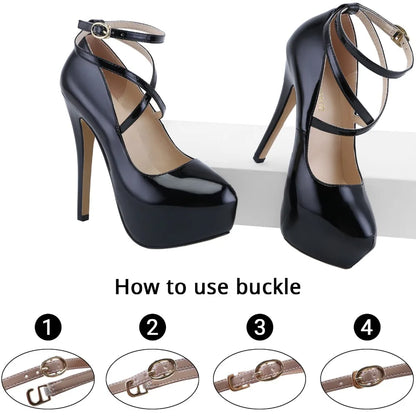 2026 New Women Pumps 14cm Super High heels ankle Strap Patent Leather Platform Sexy  Party Dress Red Wedding Shoes