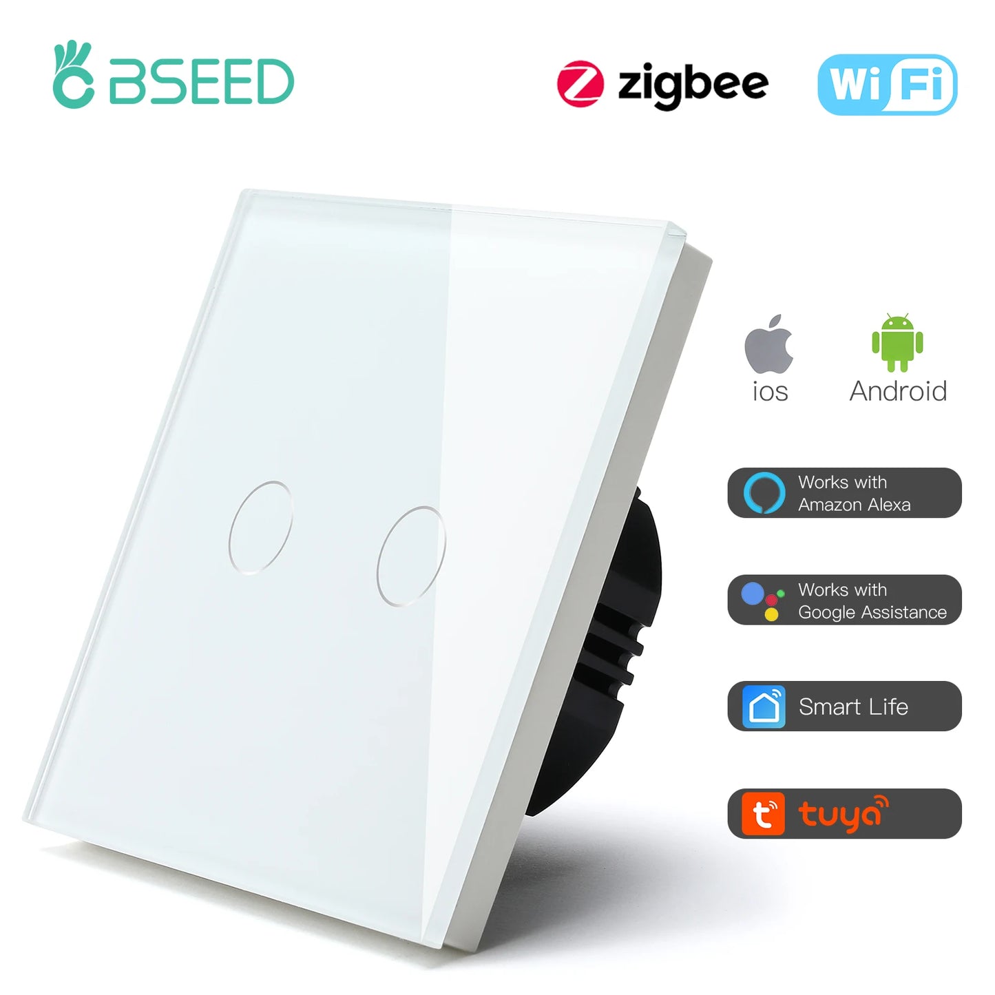 BSEED Zigbee Smart Light Switch 1/2/3Gang Wall Touch Switch Smart Life Google Alexa Tuya App Control No Neutral Wire Required