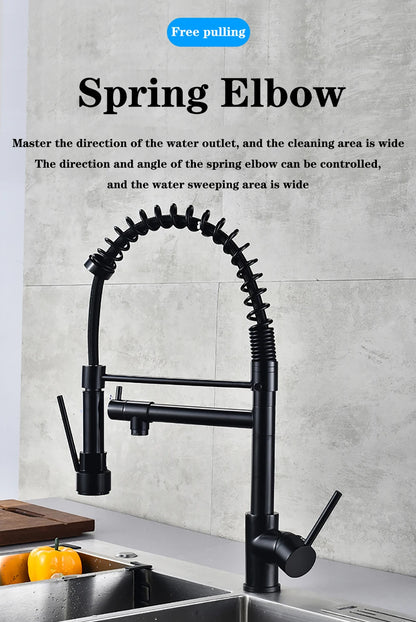 DQOK Black Brushed Spring Pull Down Kitchen Sink Faucet Hot & Cold Water Mixer Crane Tap with Dual Spout Deck Mounted