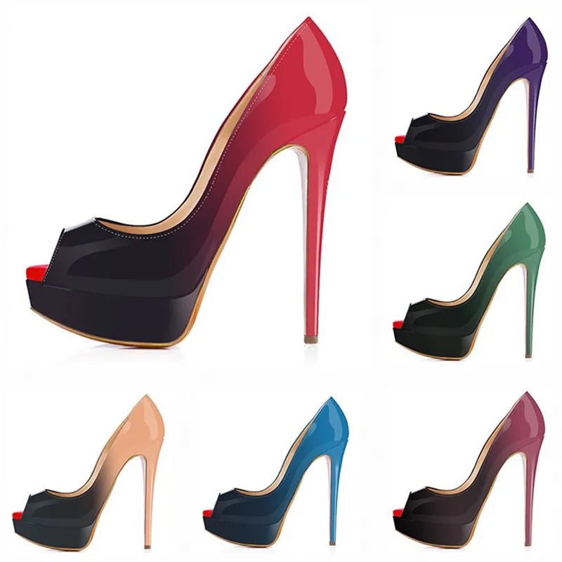 Women Pumps Sexy Platform Peep Toe 14cm Extremely Thin High Heels Stiletto Patent Leather Fashion Party Nighclub Wedding Shoes