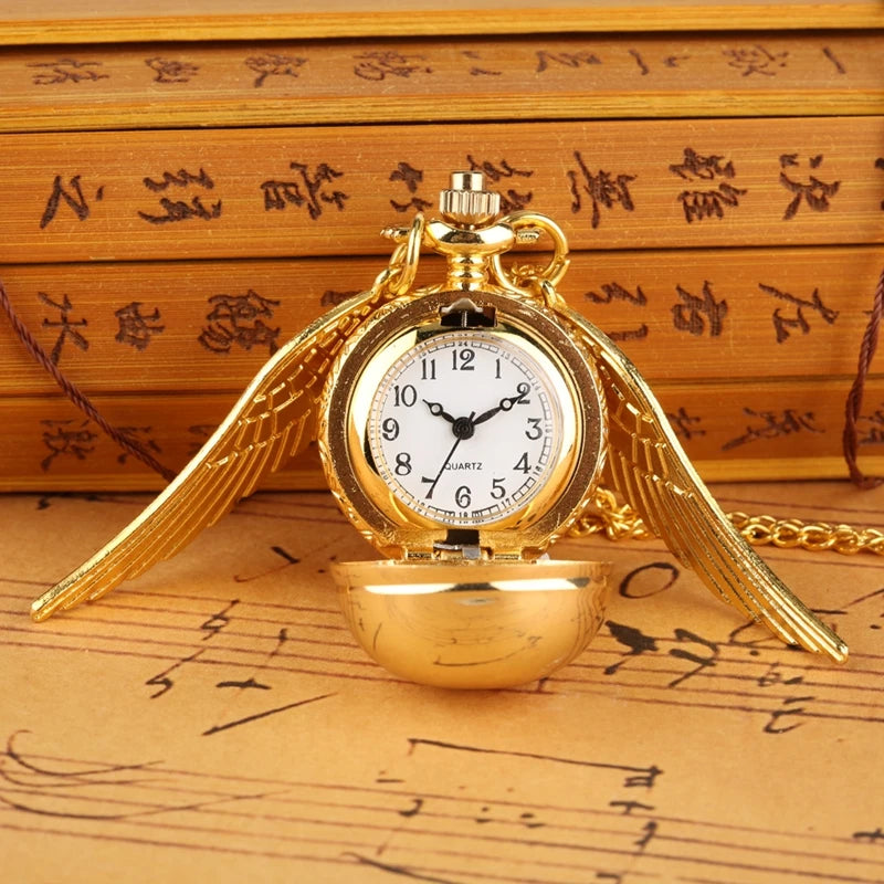 Antique Retro Ball Shaped Quartz Pocket Watch Fashion Sweater Angel Wings Necklace Chain Souvenir Gift for Men Women kids