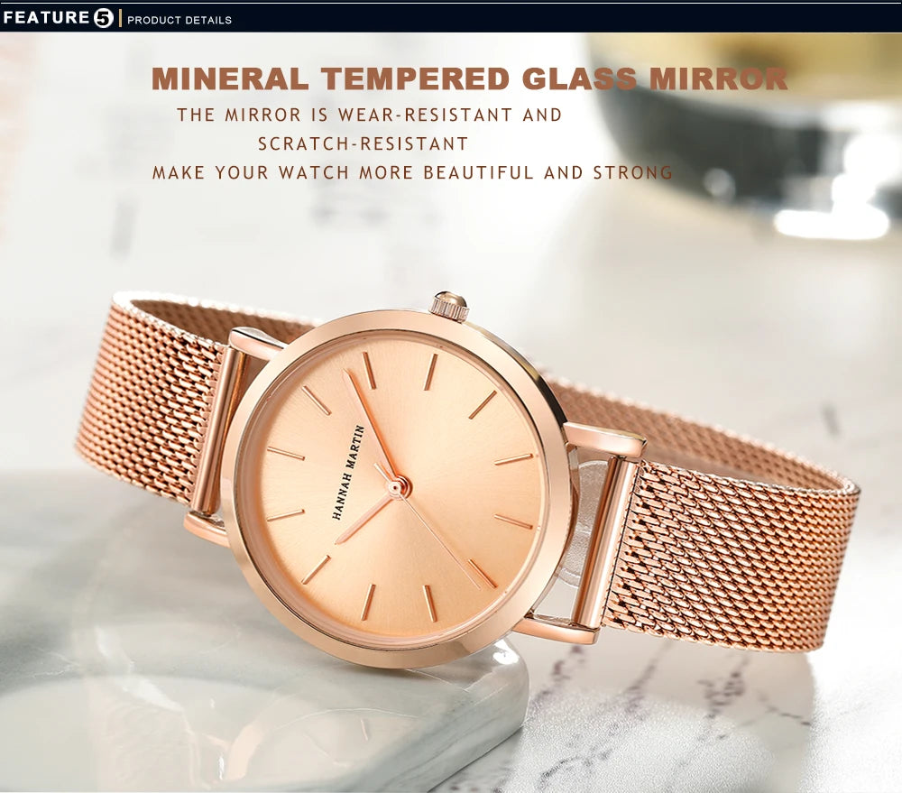 HANNAH MARTIN Brand Quality Stainless Steel Japan Quartz Movement Waterproof Women 36mm Full Rose Gold Ladies Dropshipping Watch