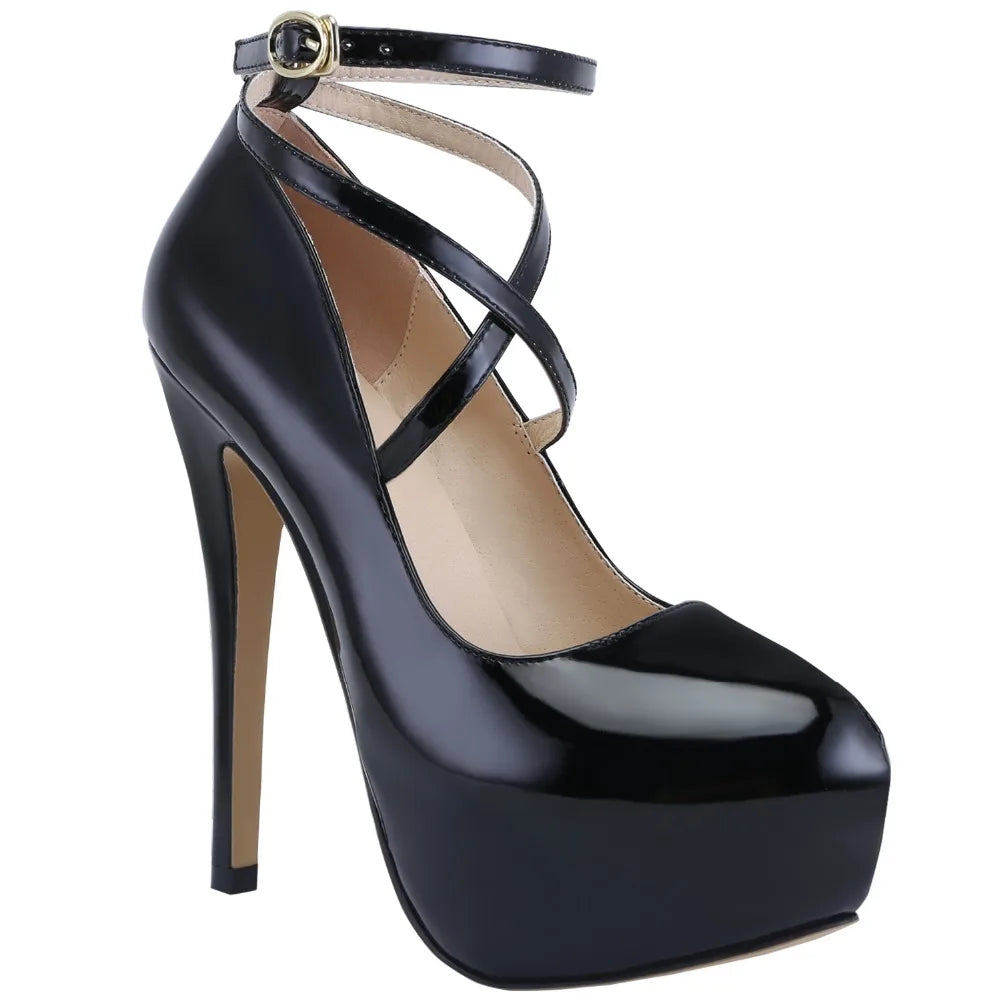 2026 New Women Pumps 14cm Super High heels ankle Strap Patent Leather Platform Sexy  Party Dress Red Wedding Shoes