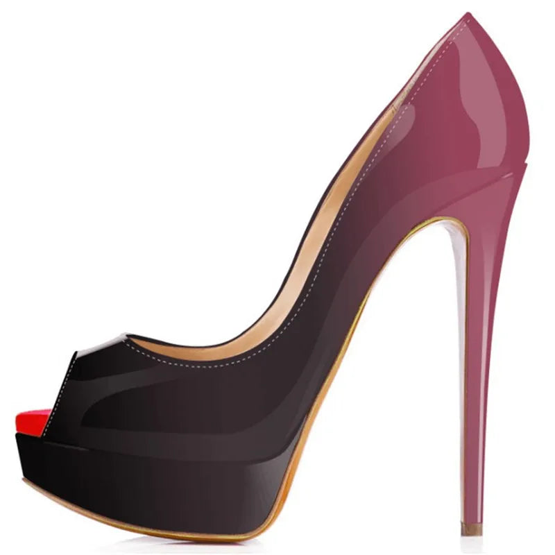Women Pumps Sexy Platform Peep Toe 14cm Extremely Thin High Heels Stiletto Patent Leather Fashion Party Nighclub Wedding Shoes