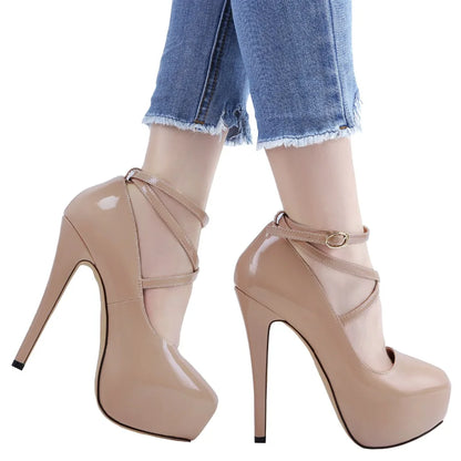 2026 New Women Pumps 14cm Super High heels ankle Strap Patent Leather Platform Sexy  Party Dress Red Wedding Shoes