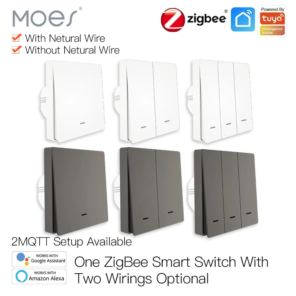 MOES Smart Light Switch Tuya ZigBee No Neutral Wire No Capacitor Needed Smart Life 2/3 Way Works with Alexa Google APP Remote